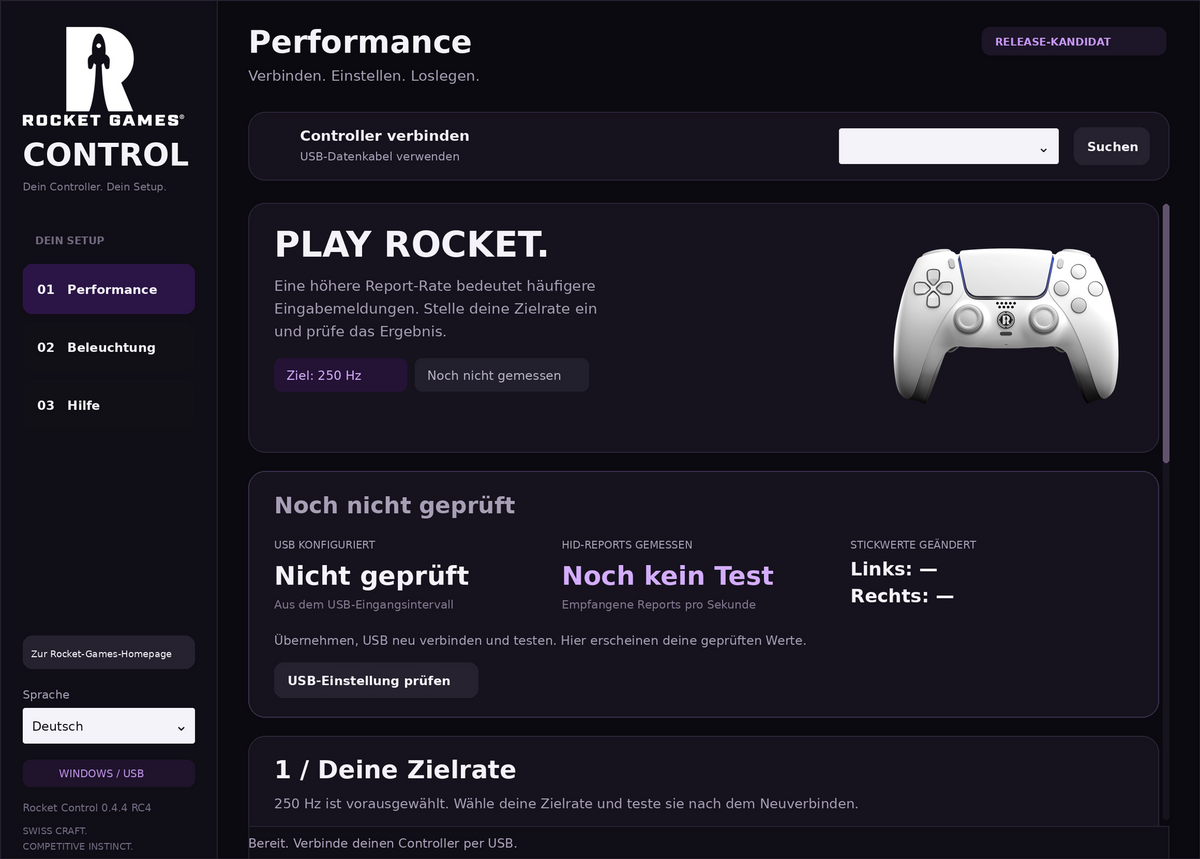 Weergave van de Rocket Control 0.4.4 RC4-interface met Performance, controllerverbinding en afzonderlijke meetweergaven.