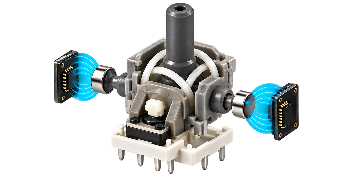 Struttura di un modulo joystick TMR GuliKit con sensori magnetici senza contatto